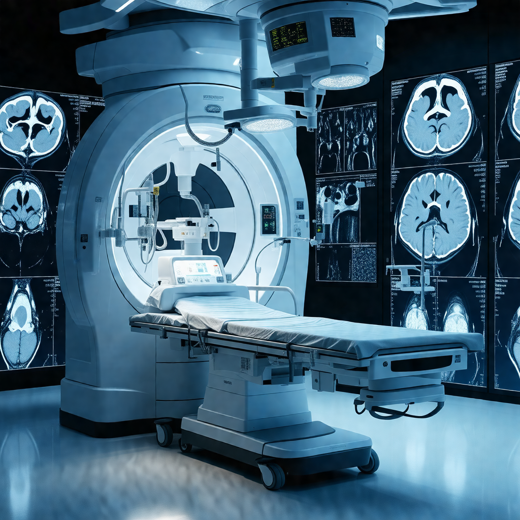 Hospital room with a large, white mri machine in the center