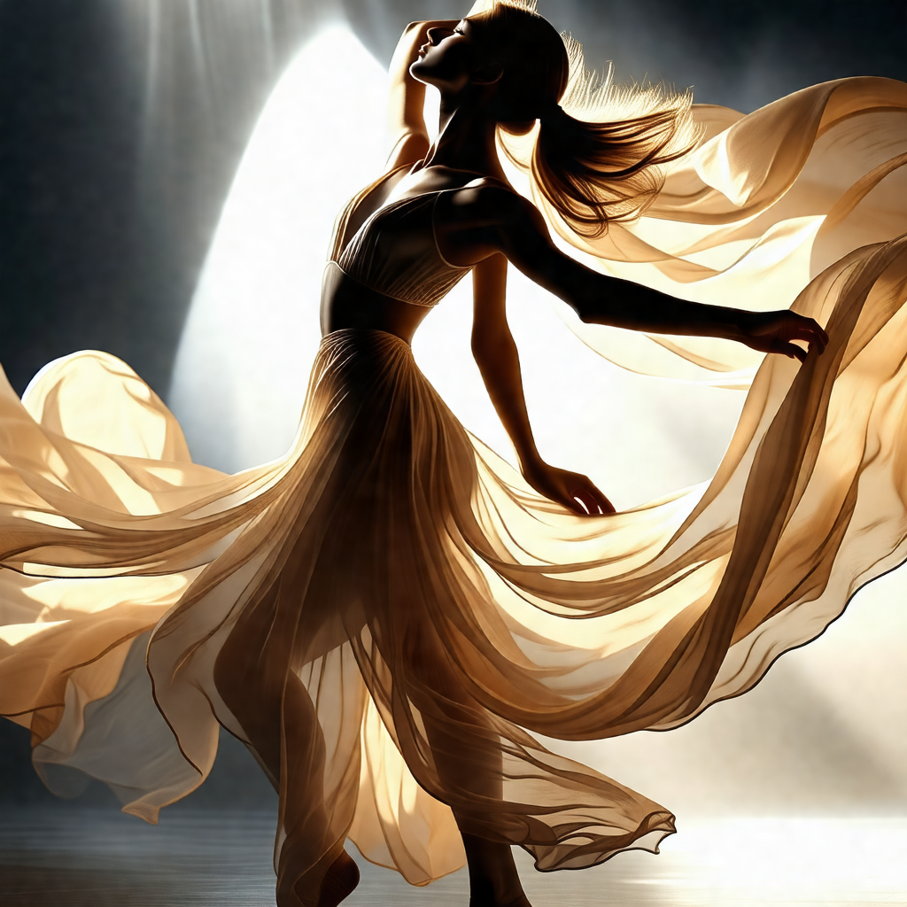 Woman in a flowing dress, standing in a room with a brigh...