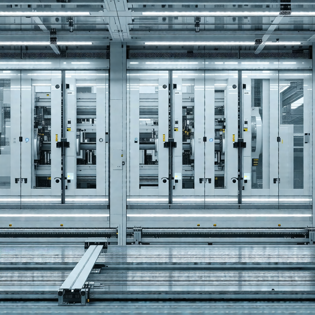 Large, industrial-looking building with a row of machines...