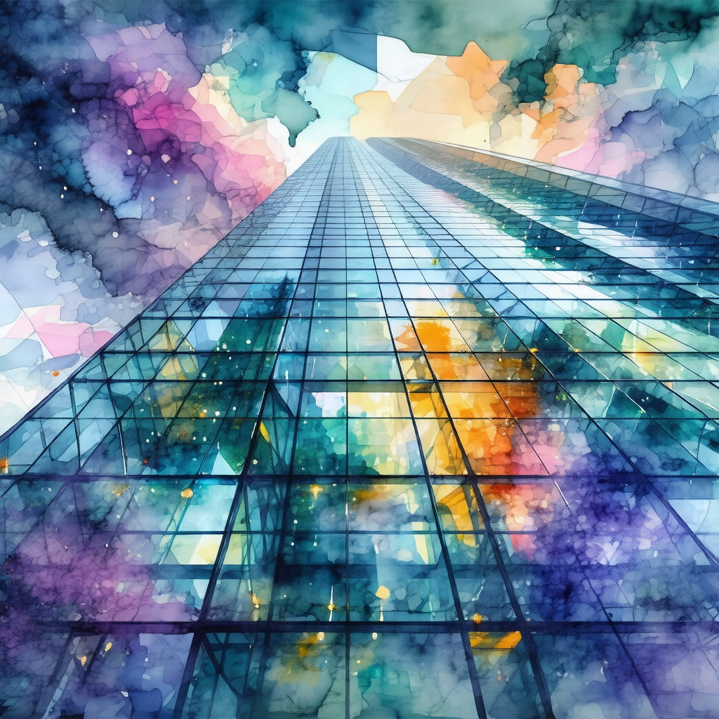 Painting of a tall building with a lot of windows