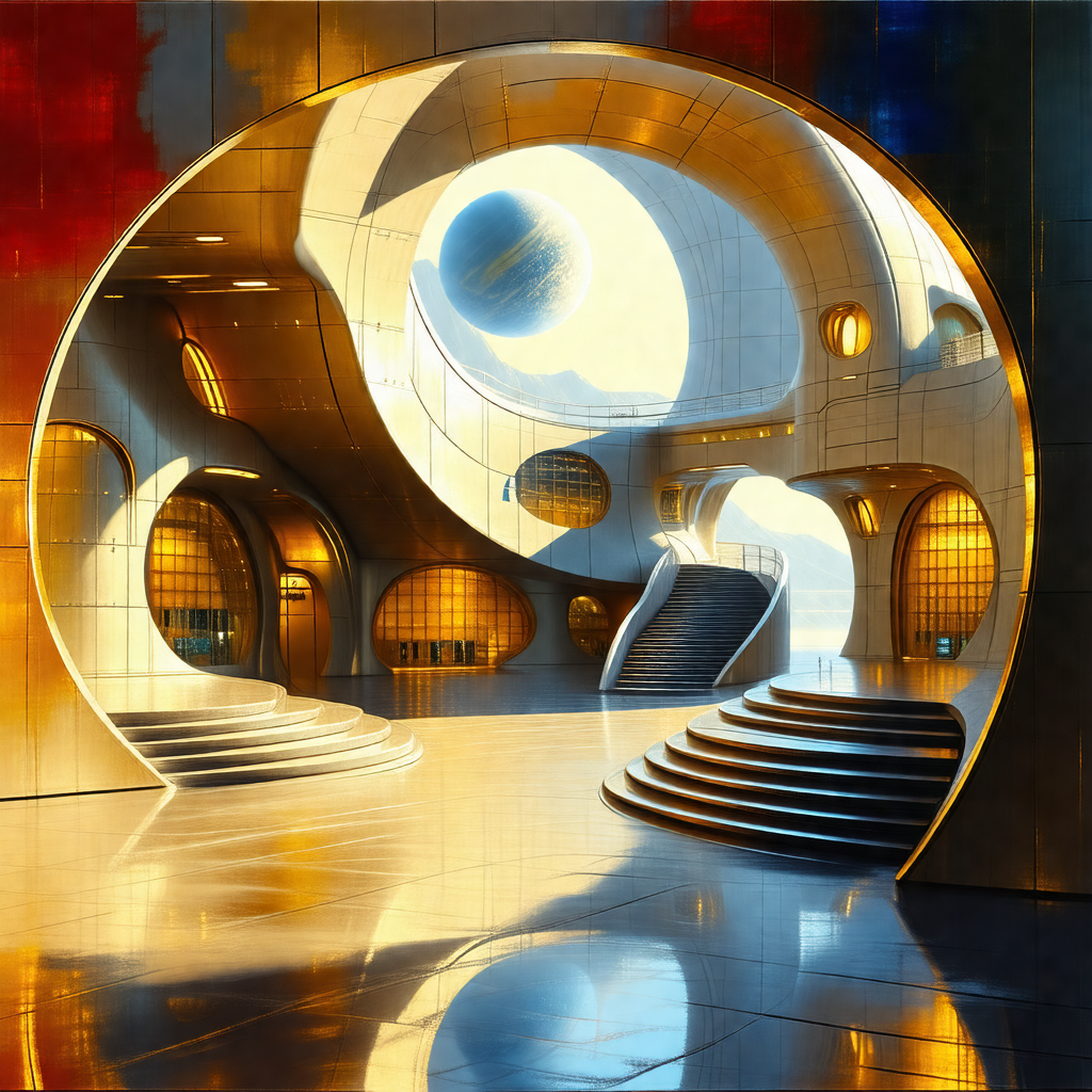 Painting of a futuristic building with a large, round, op...