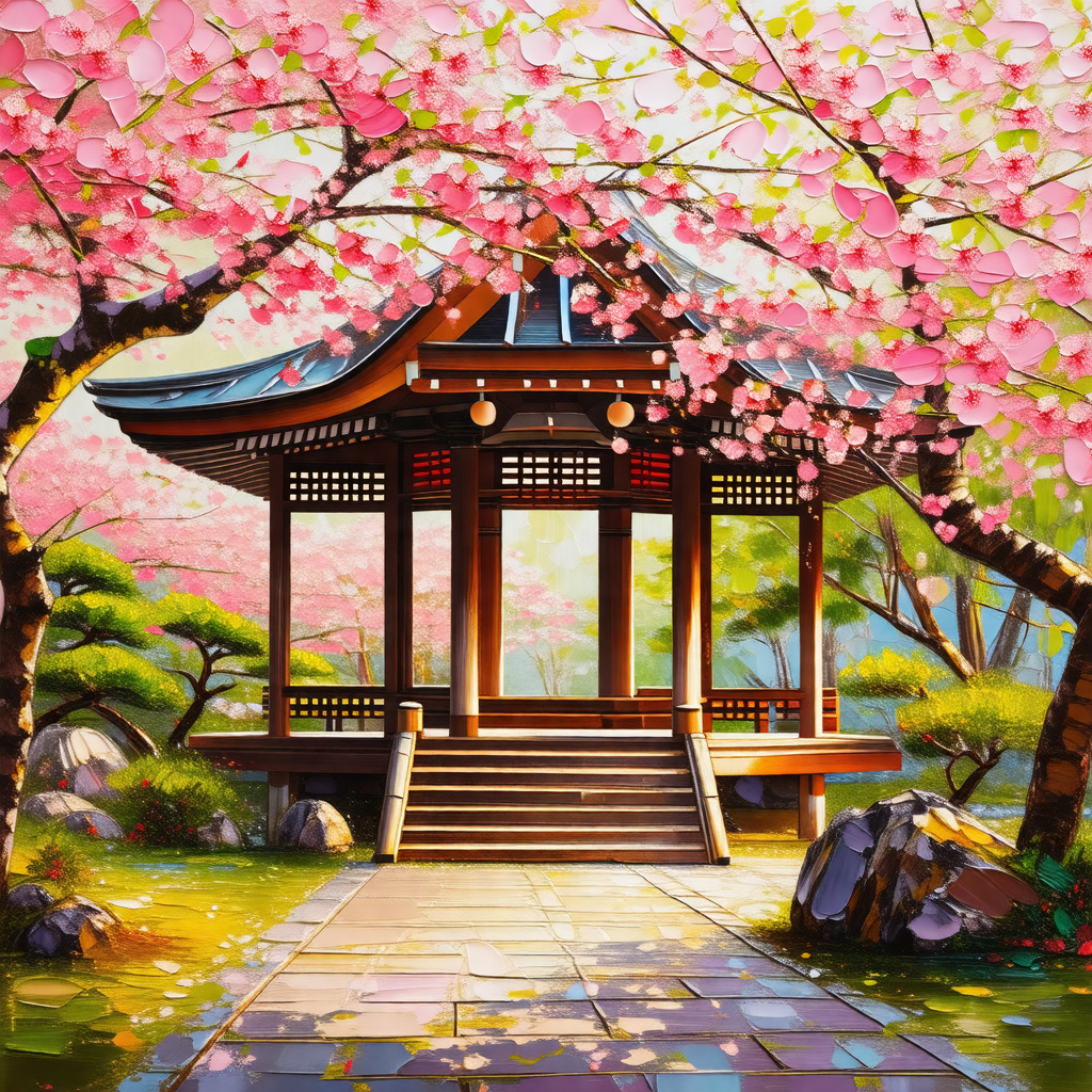 Beautiful japanese-style pavilion with a wooden roof, sur...
