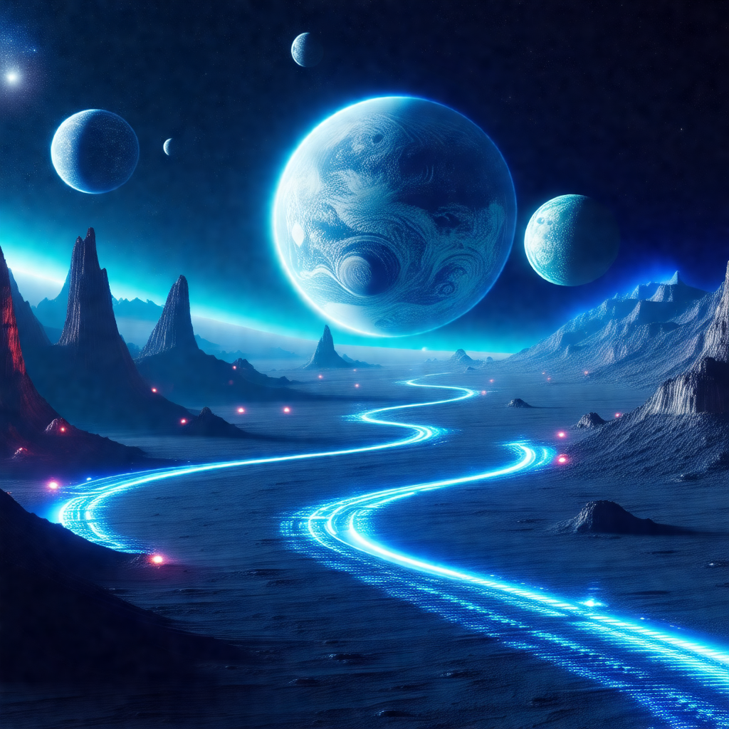 Futuristic scene with a blue, glowing pathway leading to ...