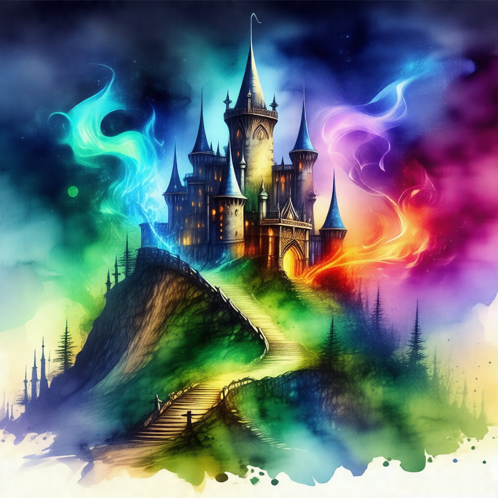 Colorful painting of a castle, with a rainbow-colored pat...