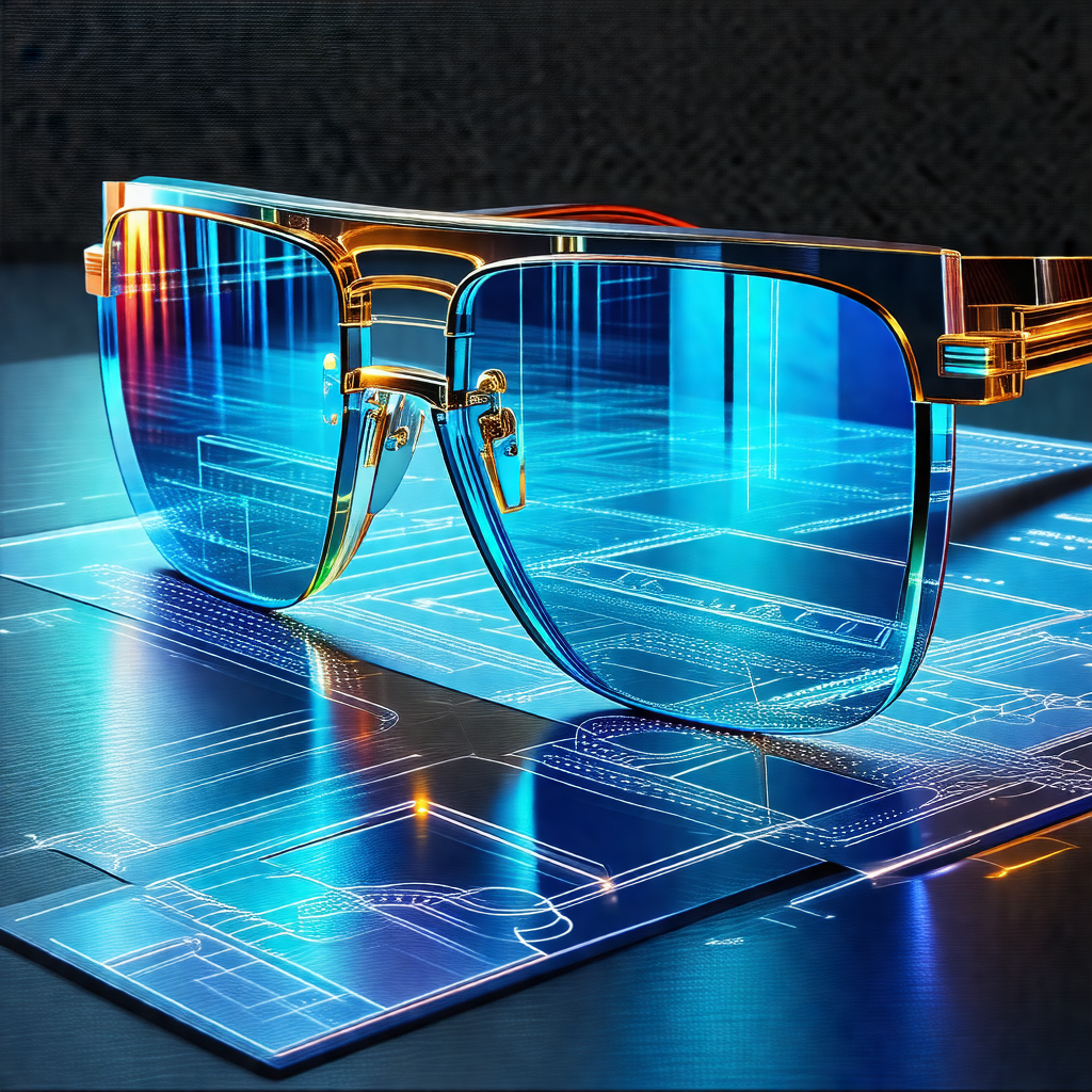 Pair of sunglasses with a blue tint, placed on top of a b...