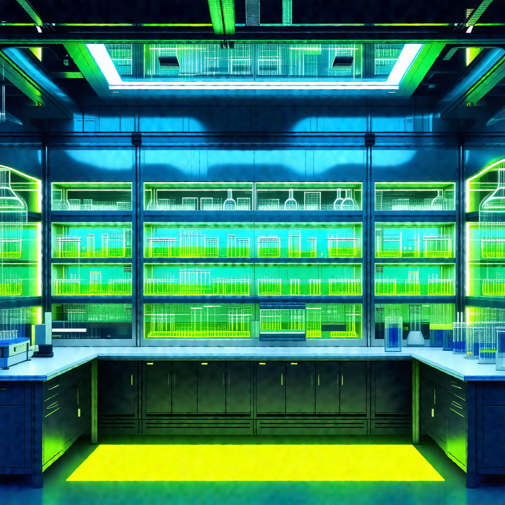 Laboratory with a long counter filled with various scient...
