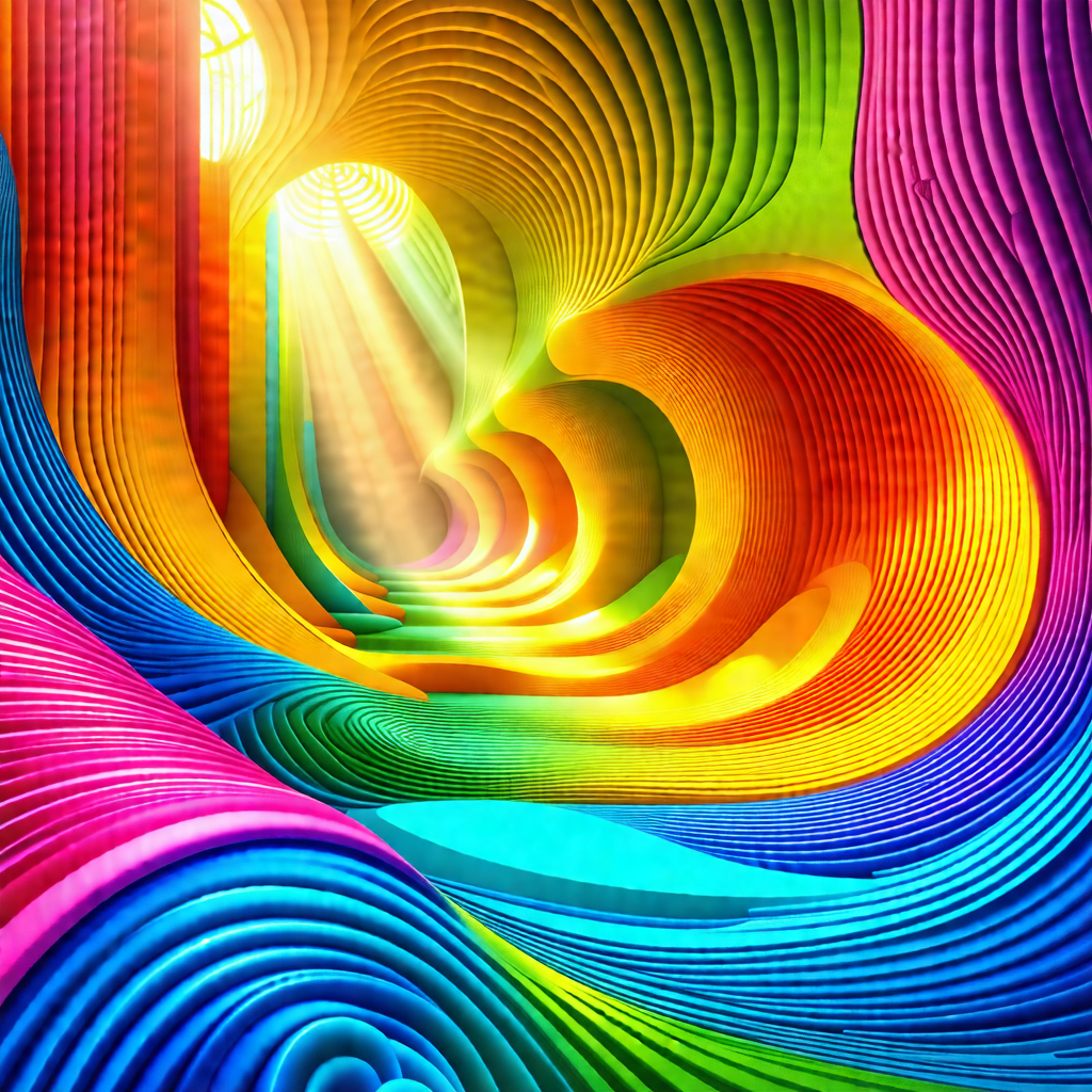 Colorful and abstract artwork featuring a tunnel-like str...