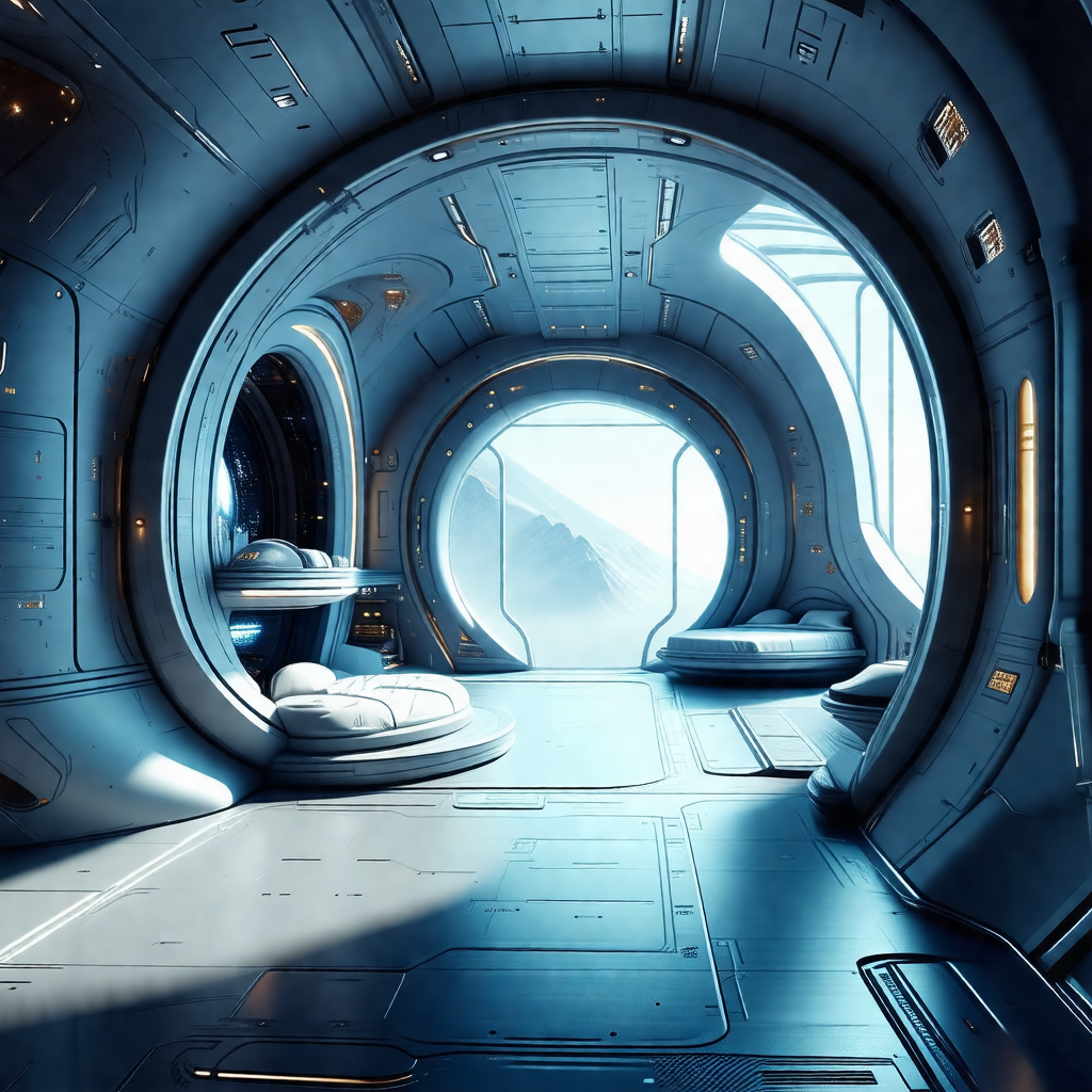 Futuristic space station with a large, open room that app...