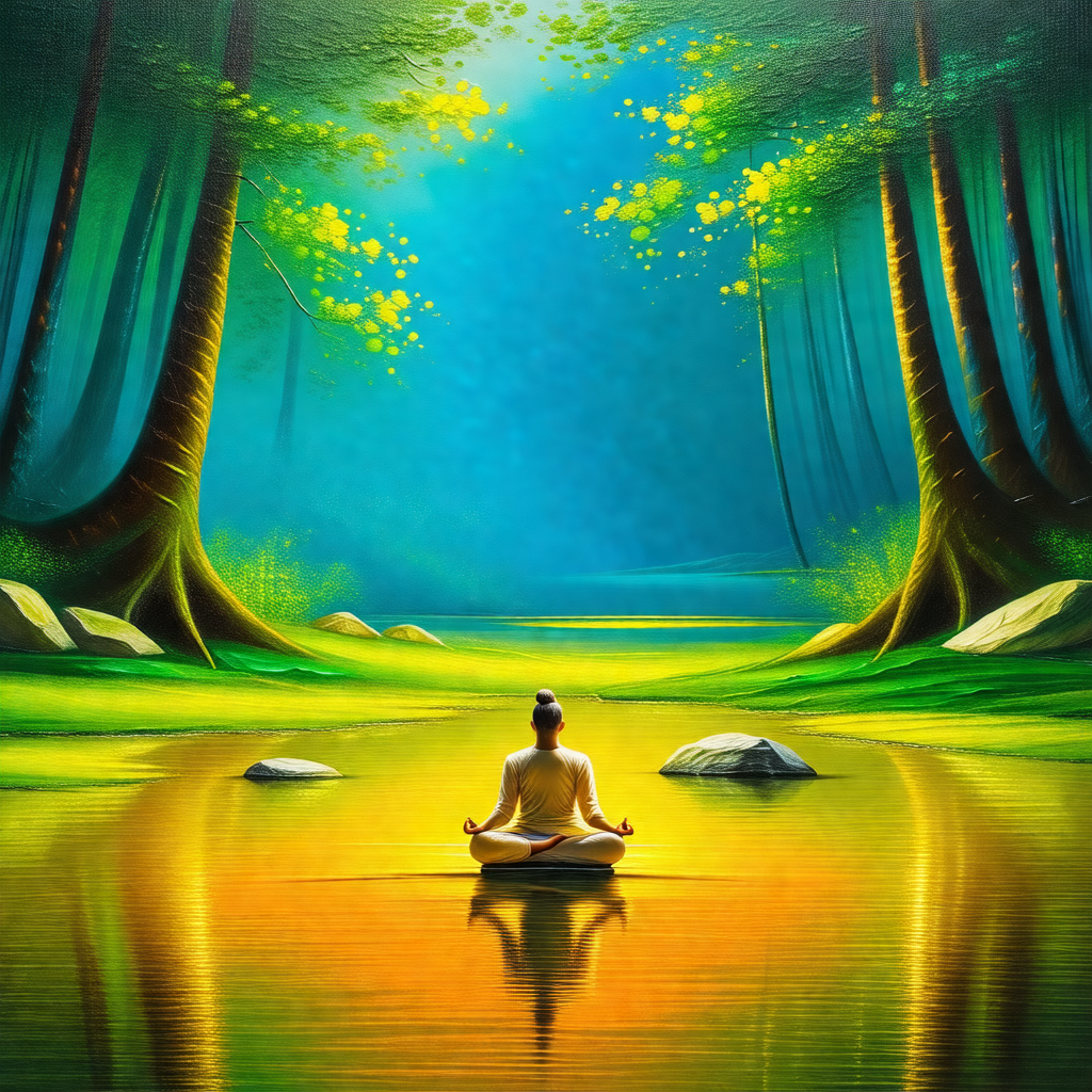 Serene scene of a person sitting on a rock in a forest