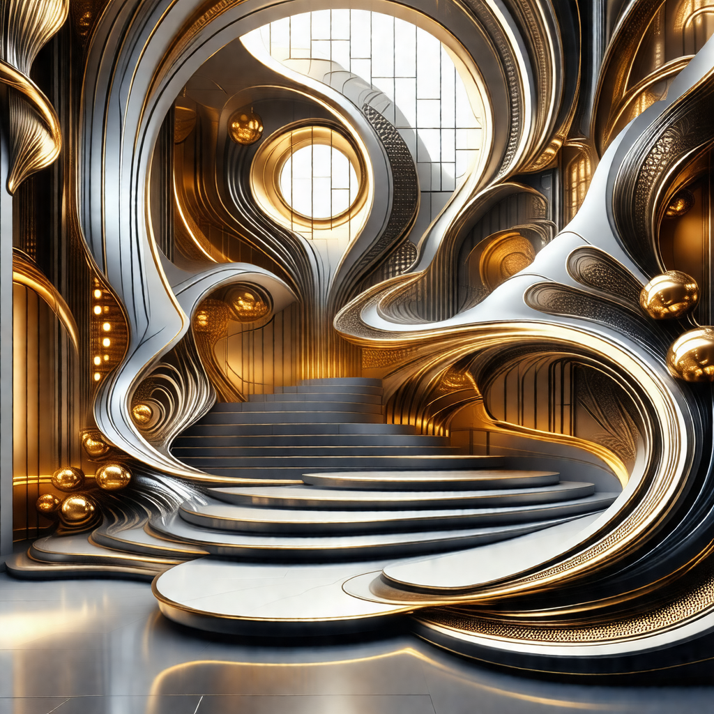 Large, futuristic building with a spiral staircase leadin...