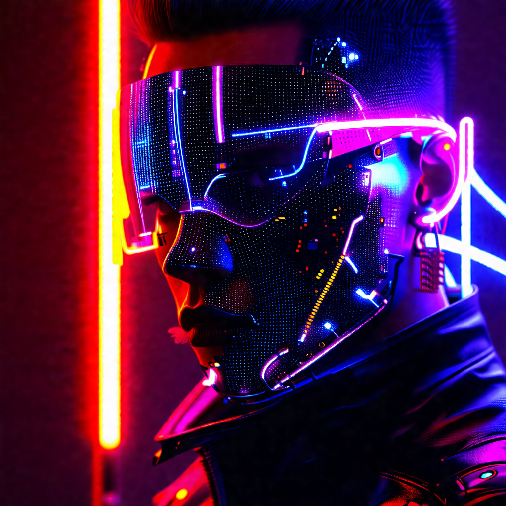 Man wearing a futuristic, glowing mask that covers his face