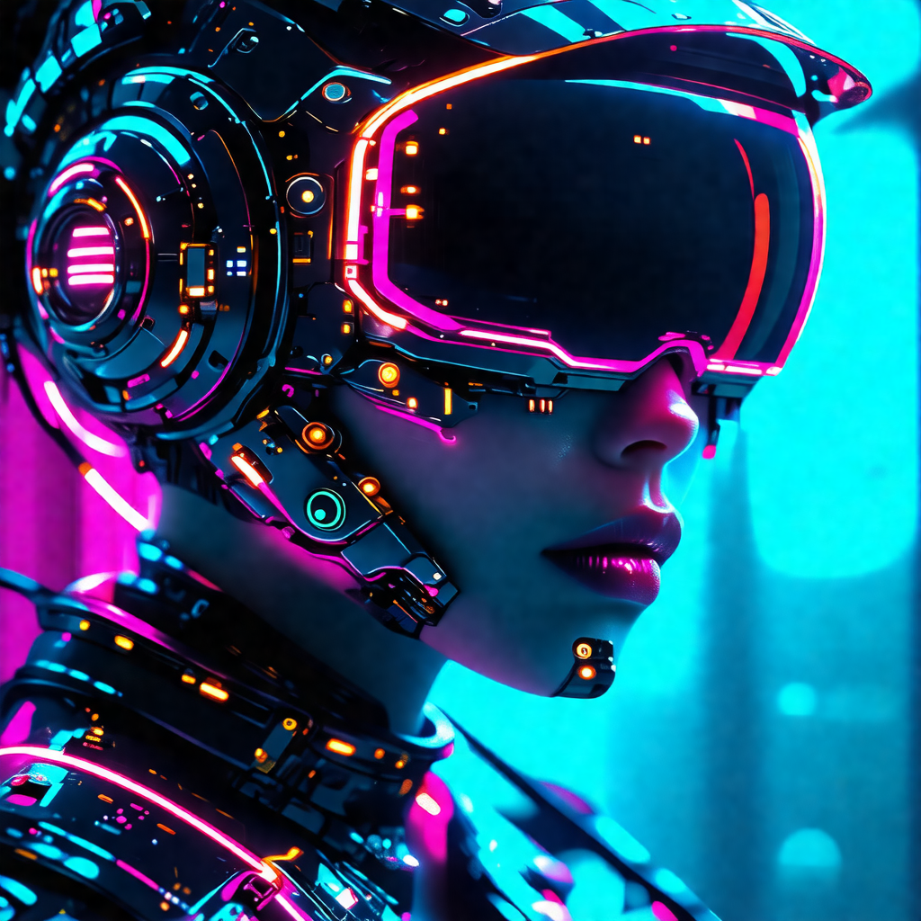 Woman wearing a futuristic, high-tech helmet with glowing...