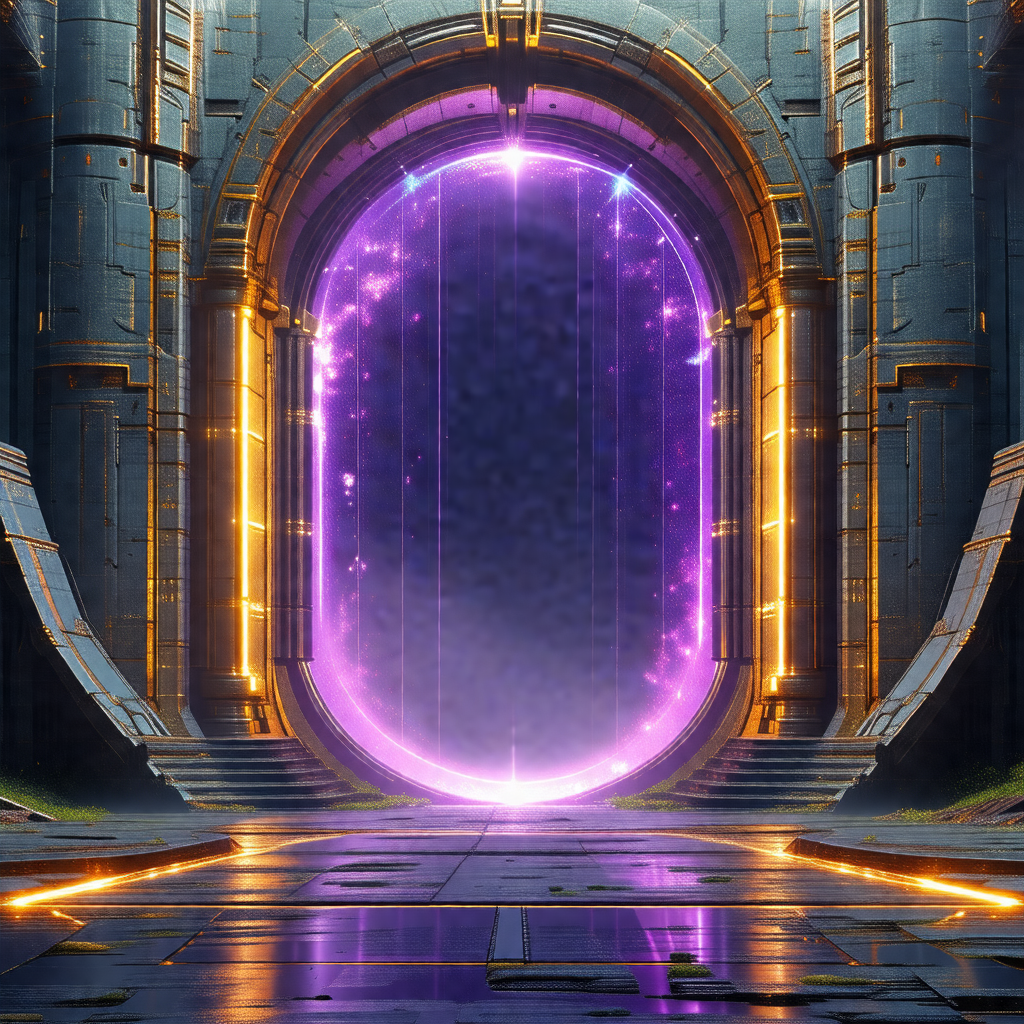 Large, purple, circular doorway with a golden frame