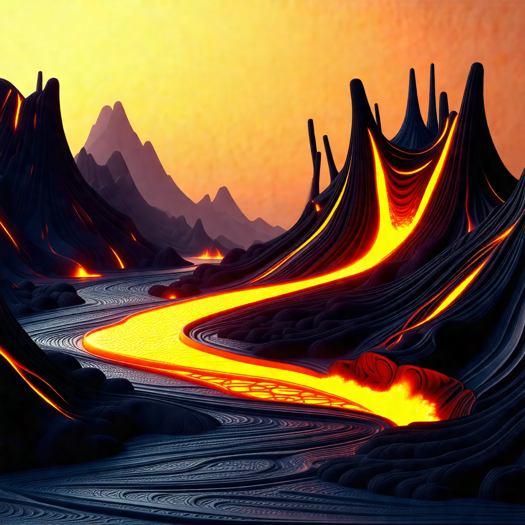 Digital painting of a mountainous landscape with a river ...