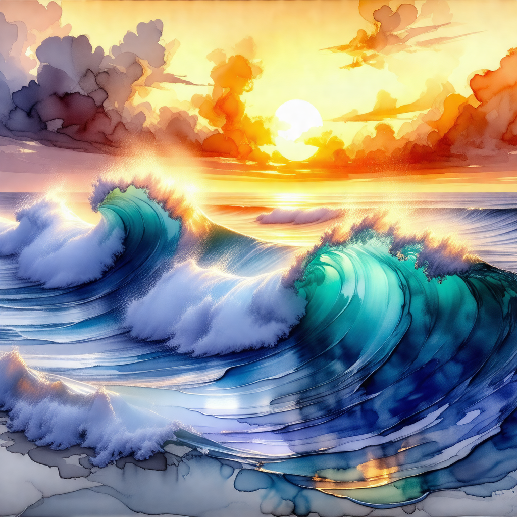 Painting of a large body of water, possibly an ocean, wit...