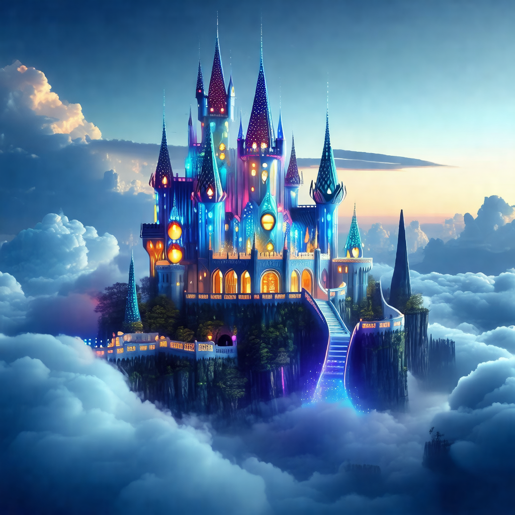 Large, colorful castle with a blue and purple color scheme
