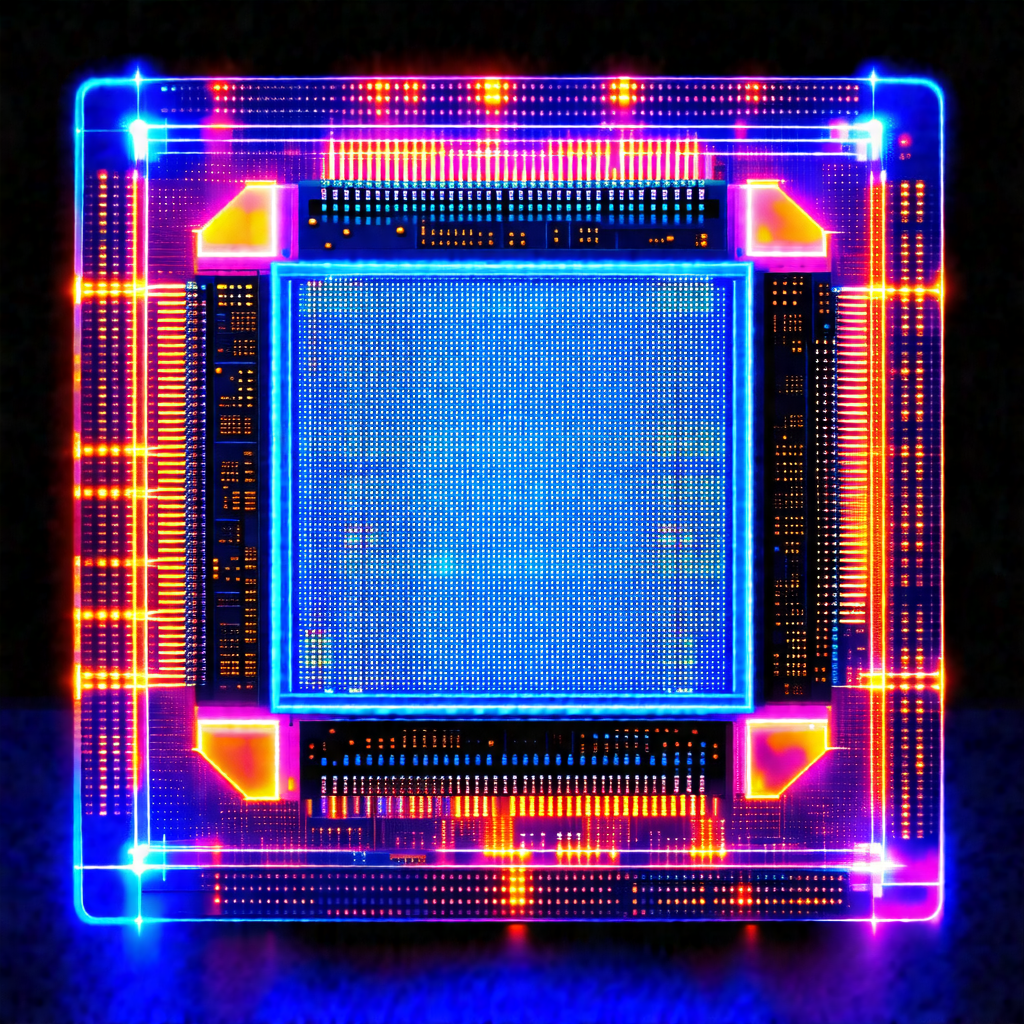 Close-up of a computer chip with a blue glow