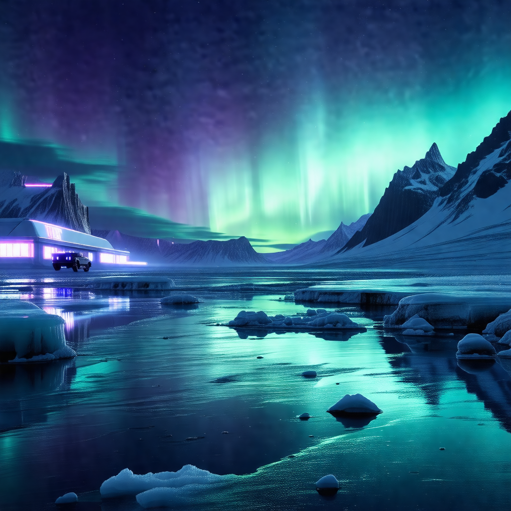 Snowy landscape with a frozen lake and a mountain in the ...