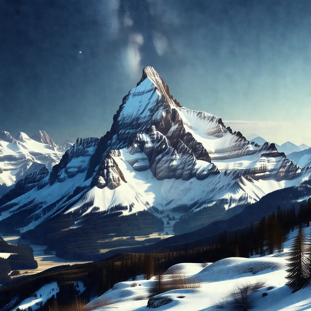 Majestic mountain with a snow-covered peak, towering over...