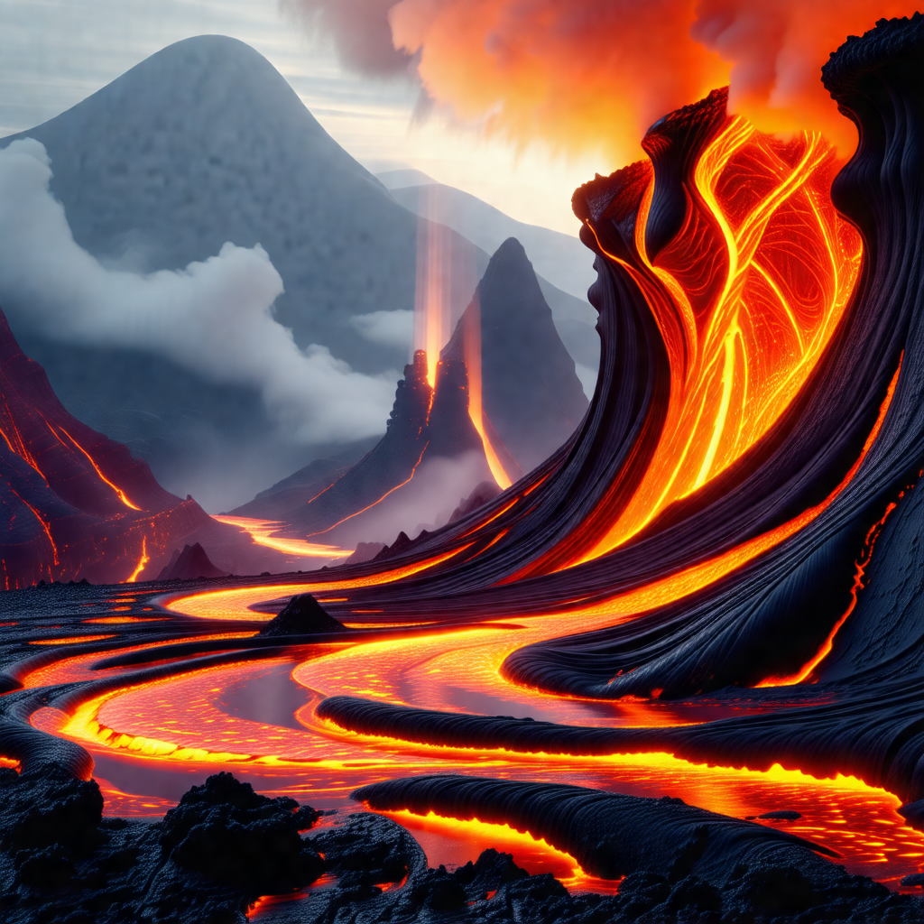 Digital painting of a volcano with a flowing lava river