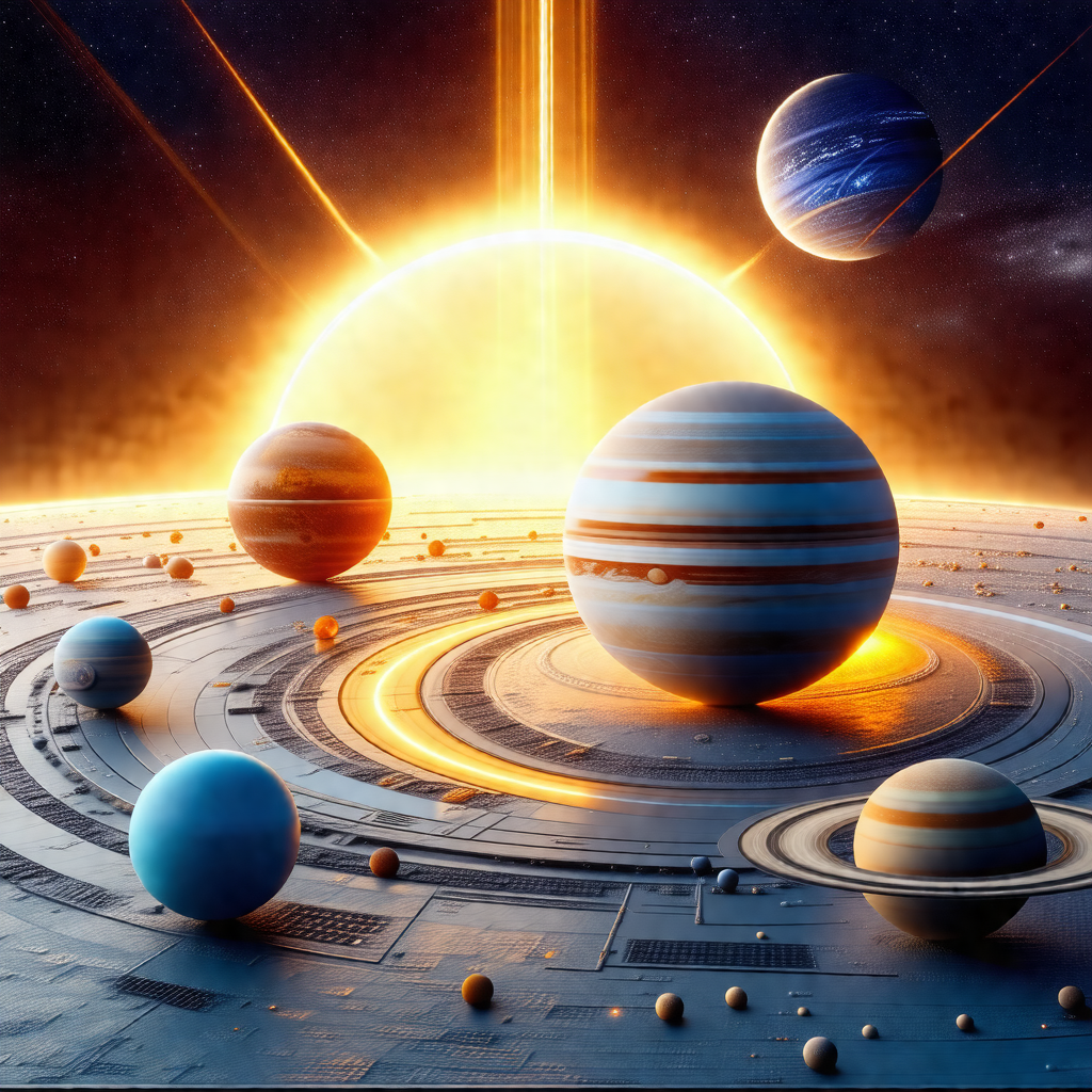 There is a large, colorful display of planets and moons i...