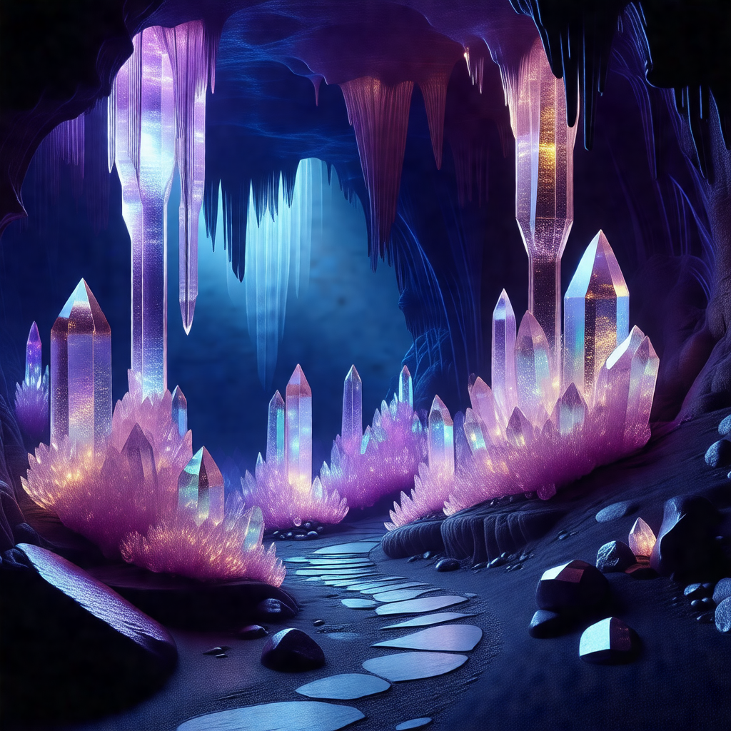 Digital painting of a cave with a purple and blue color s...