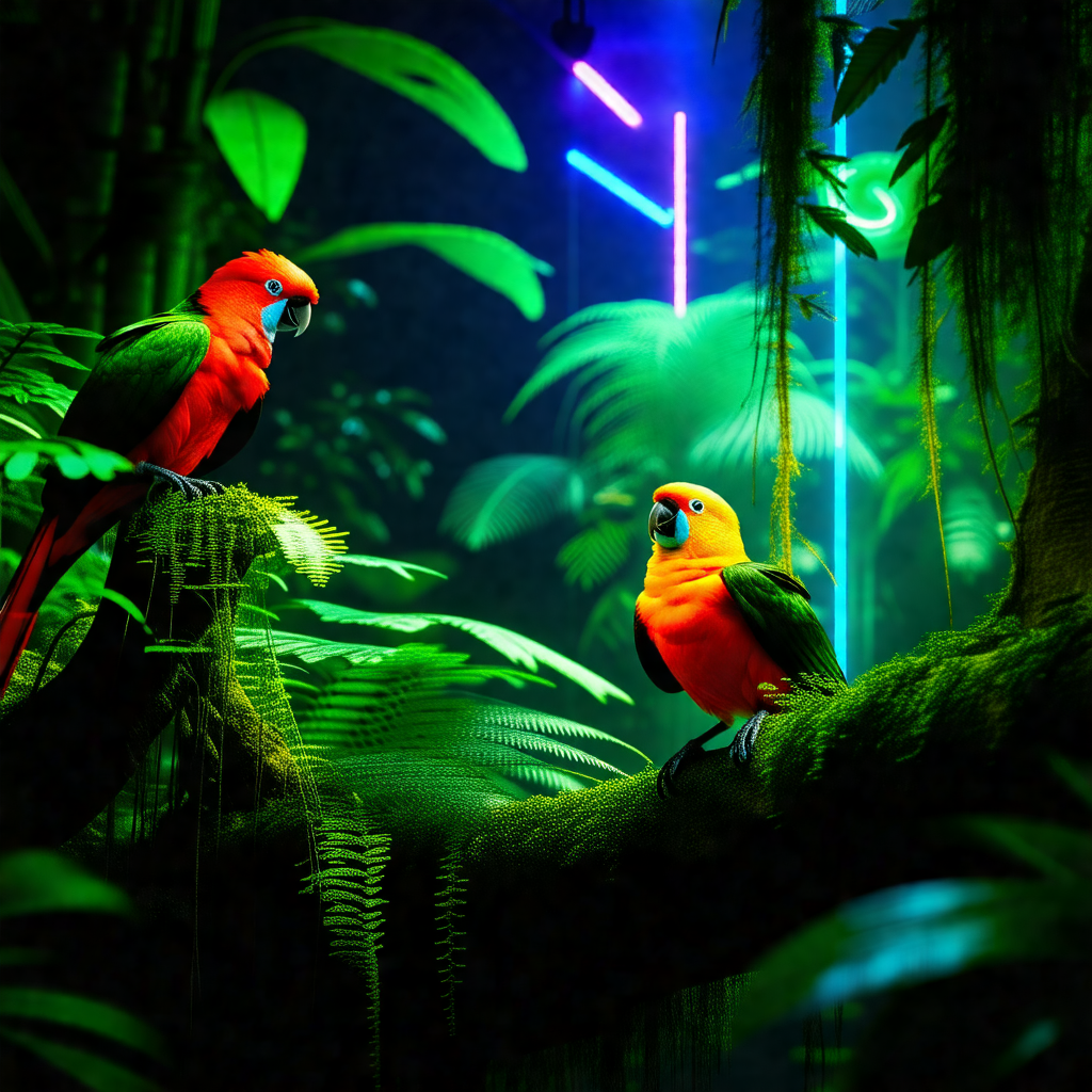 Two colorful birds perched on a tree branch in a lush gre...