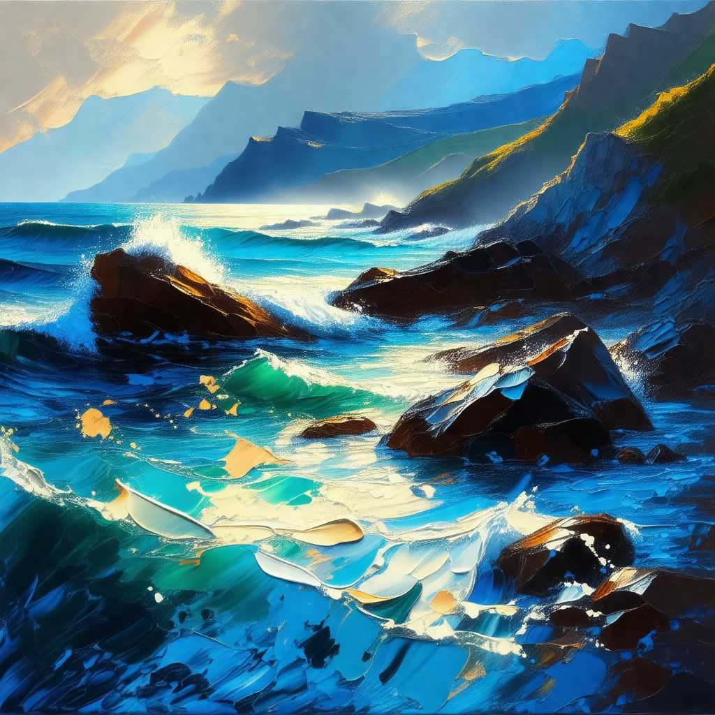 Painting of a beautiful ocean scene with a rocky coastline