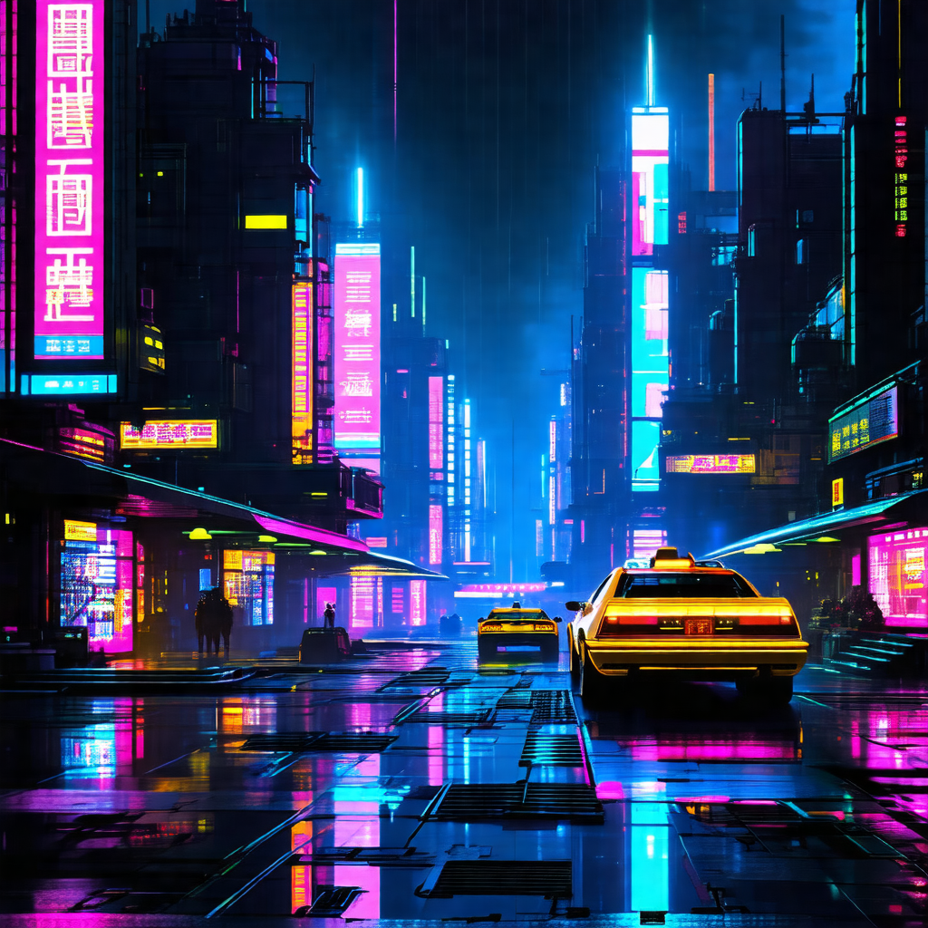 Futuristic cityscape with a rain-soaked street filled wit...