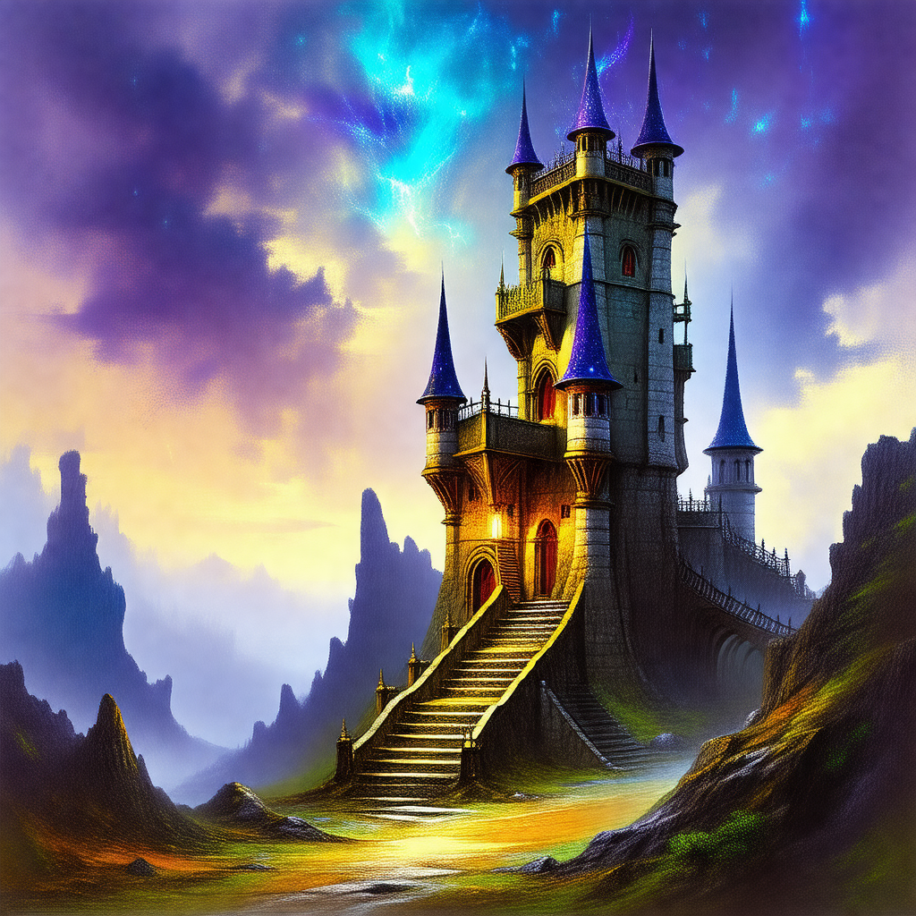 Large, majestic castle with a tall tower and a steeple
