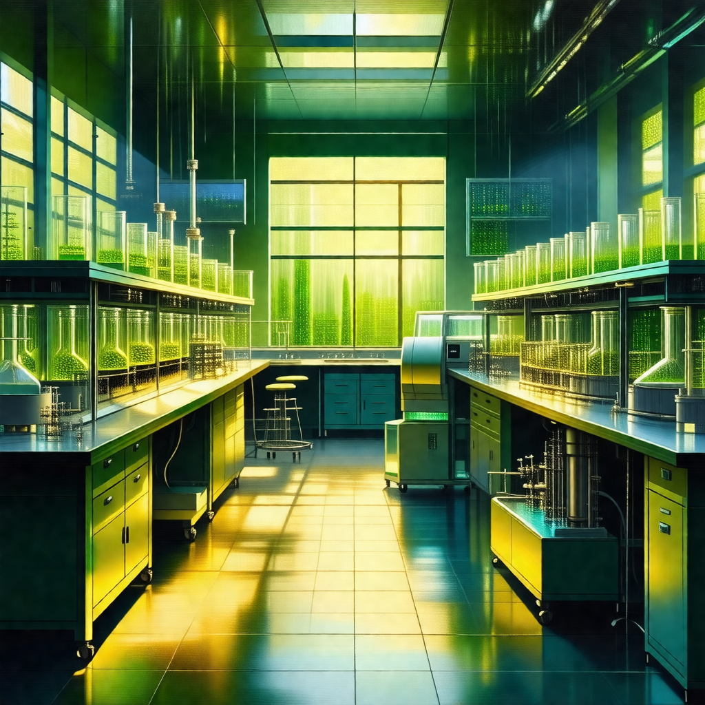 Painting of a laboratory with a green and yellow color sc...