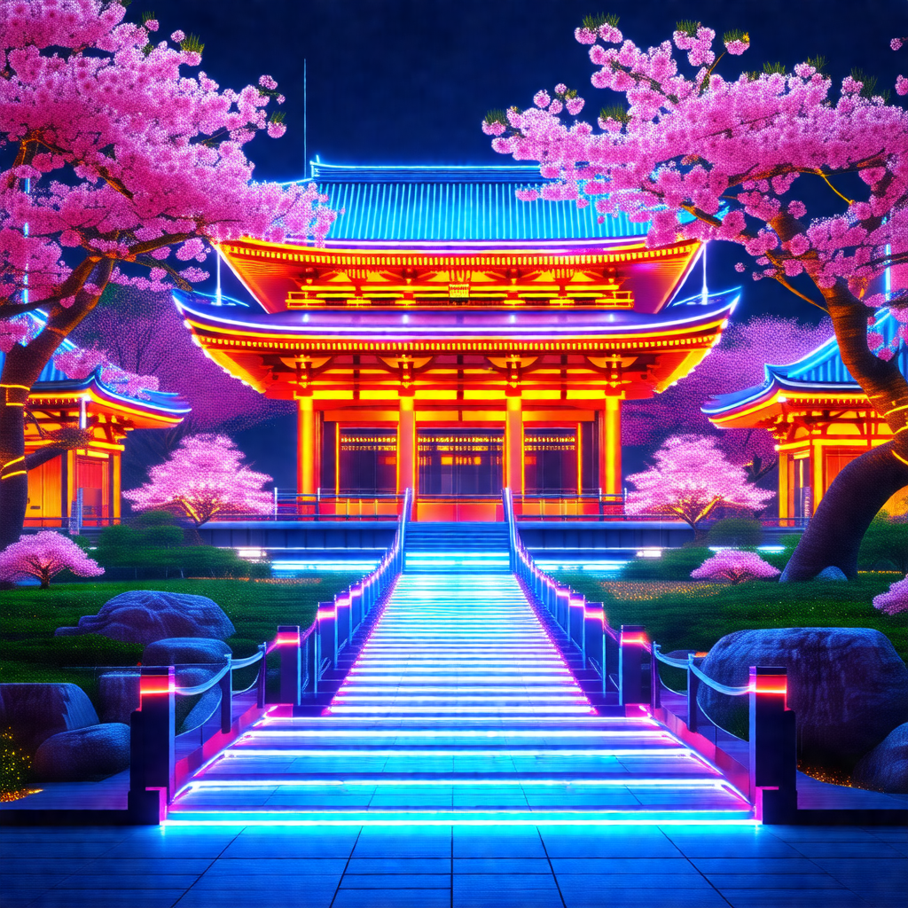 Beautifully lit asian temple with a long, illuminated wal...