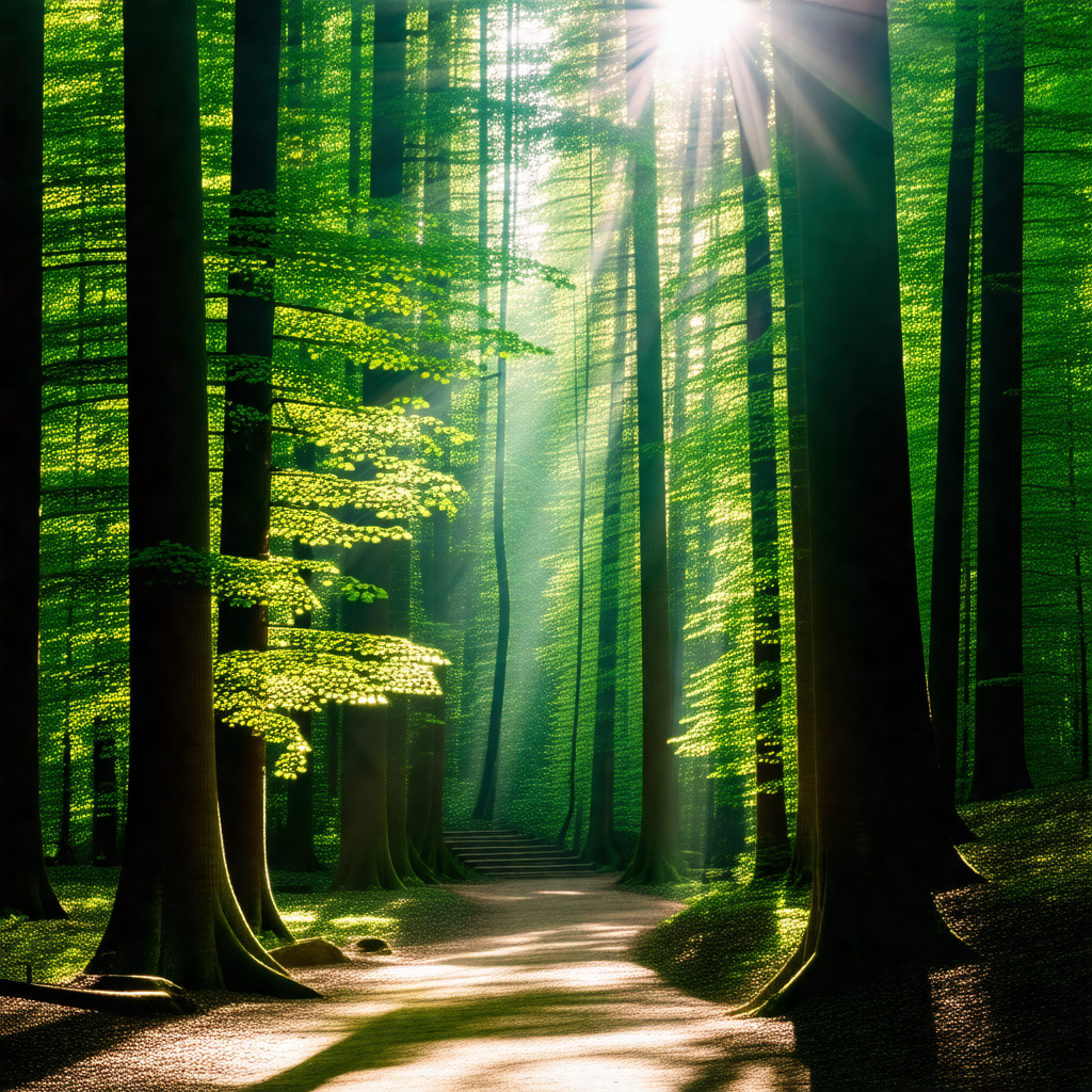Serene forest scene with a pathway leading through the trees