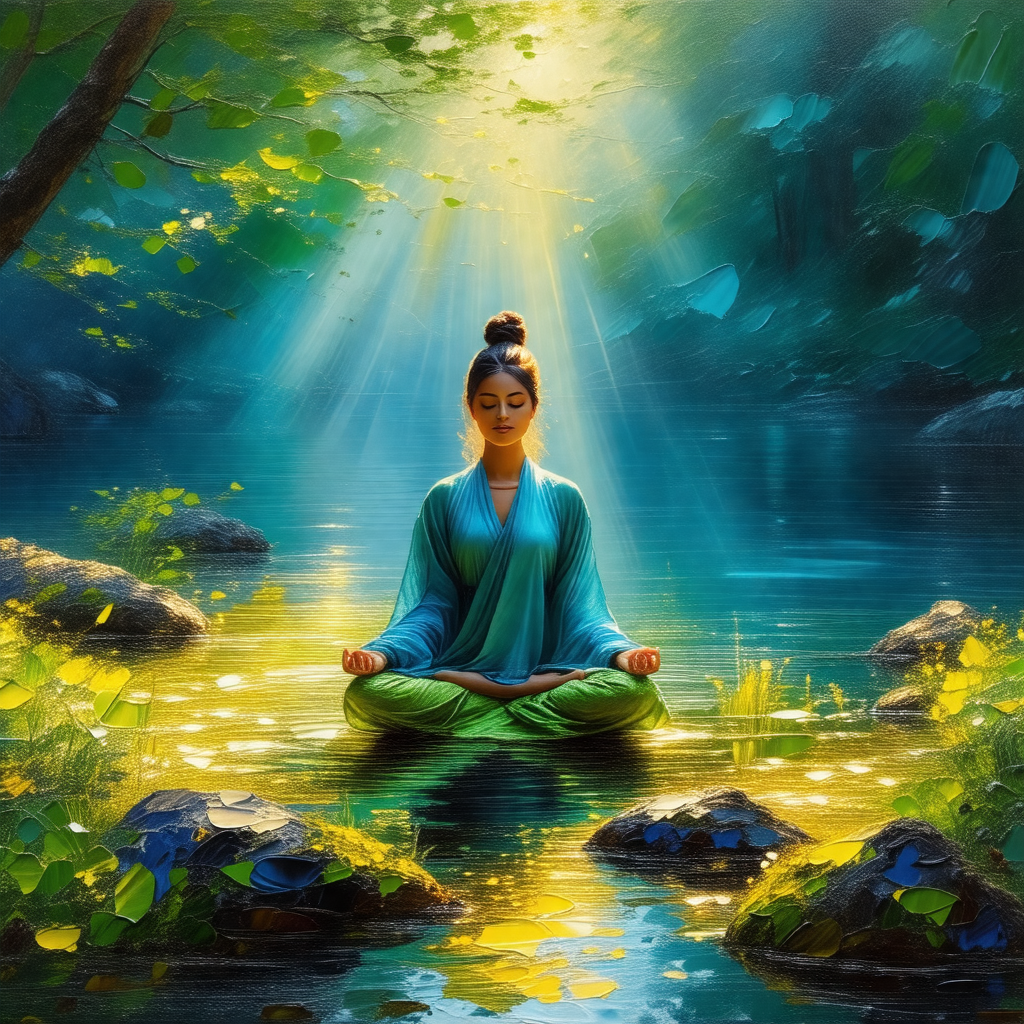 Woman sitting in a pond, surrounded by a serene and peace...