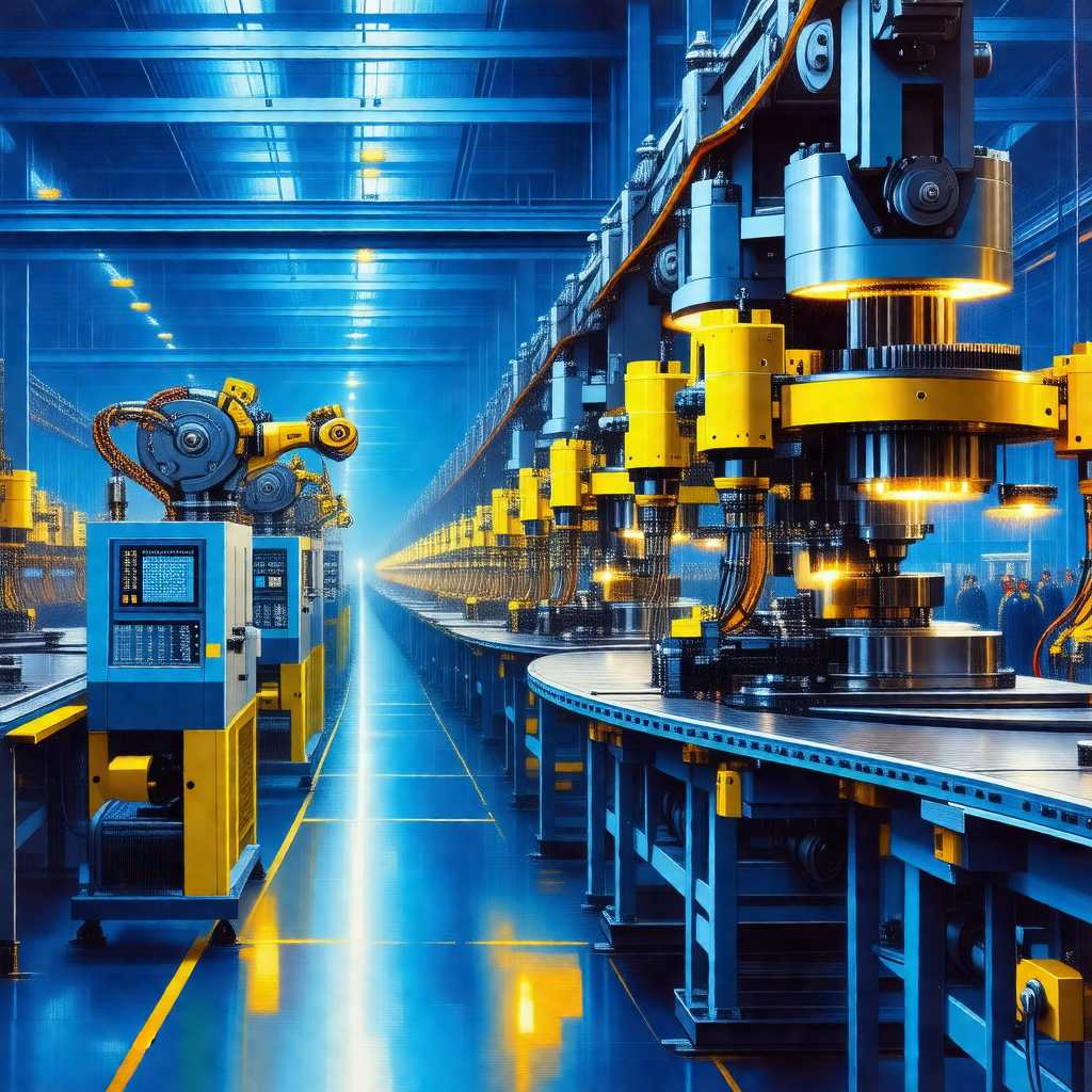 Large factory with a long row of yellow robots lined up o...