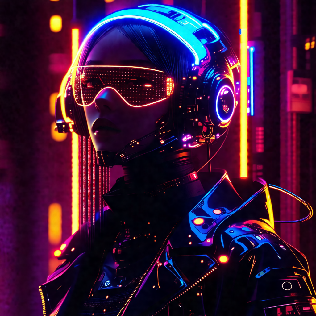 Woman wearing a futuristic outfit, including a jacket and...