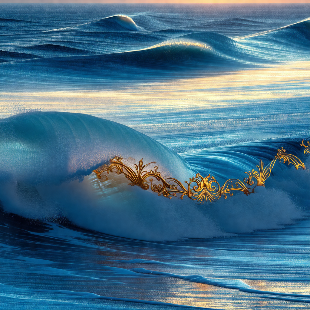 Large wave in the ocean, with a beautifully designed gold...