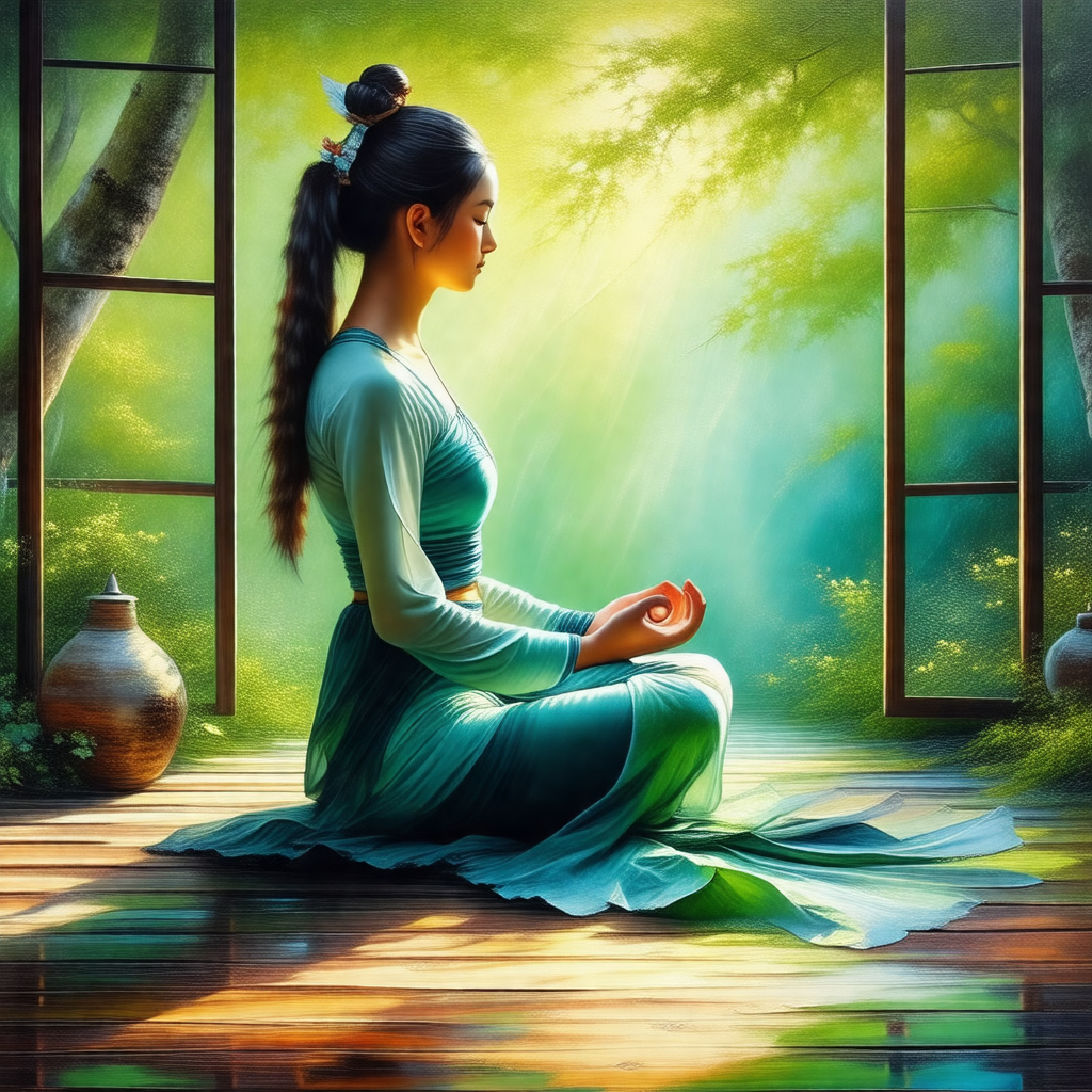 Woman sitting on the floor in a serene environment