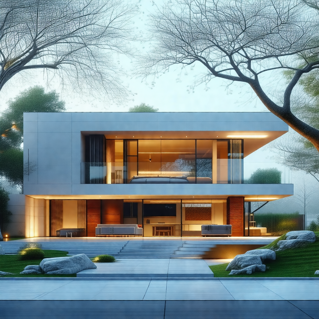 Large, modern-looking house with a white exterior