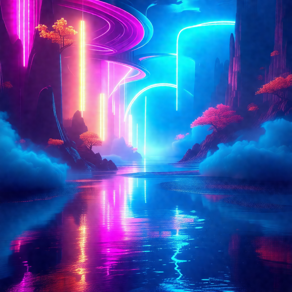 Digital painting of a futuristic cityscape with a river f...