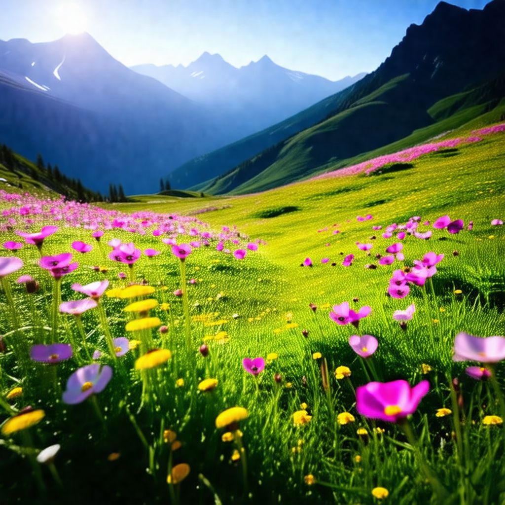 Beautiful, lush green field with a mountain range in the ...