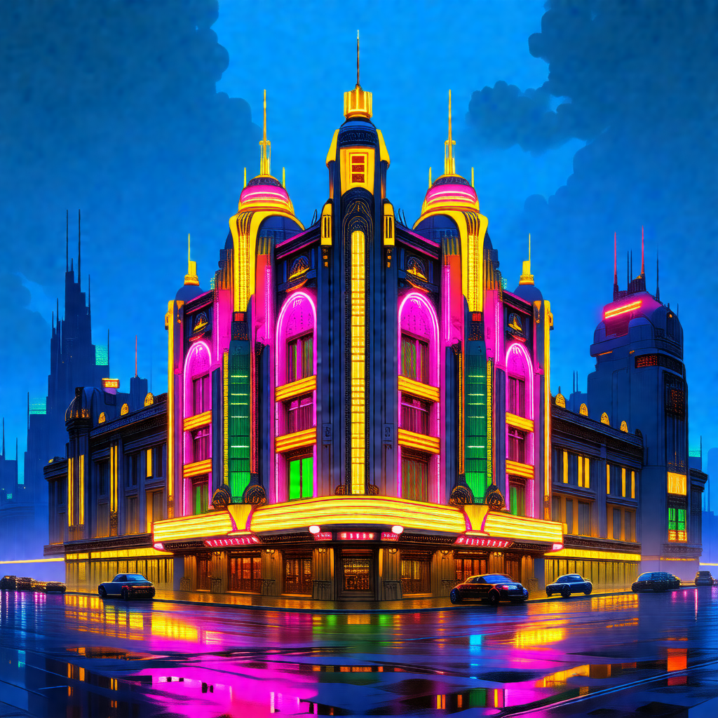 Colorful, animated drawing of a large, ornate building wi...