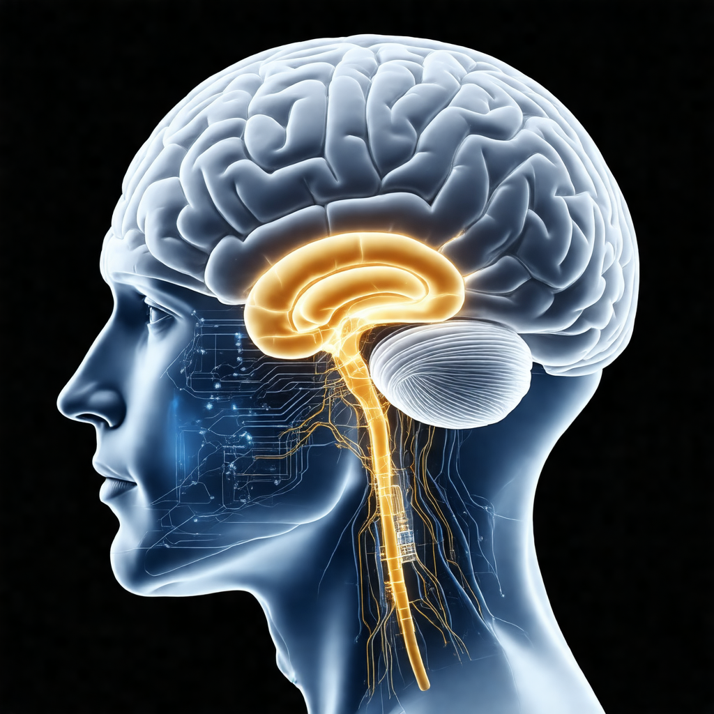 Close-up of a human head, focusing on the brain and the n...