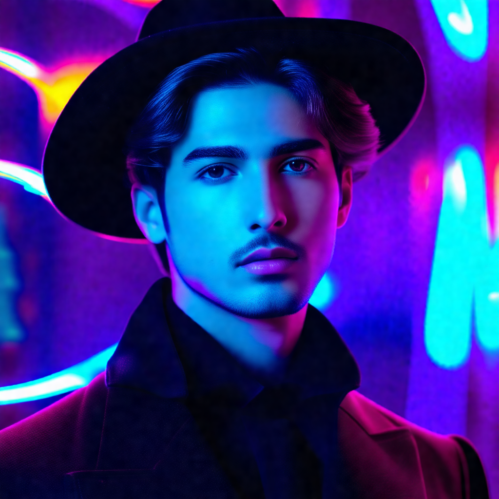 Man wearing a hat and a suit, standing in front of a colo...