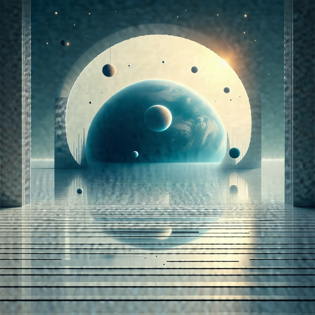Futuristic scene with a large, round, blue planet floatin...