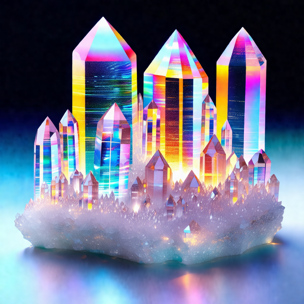 Group of colorful crystal structures, resembling a city o...