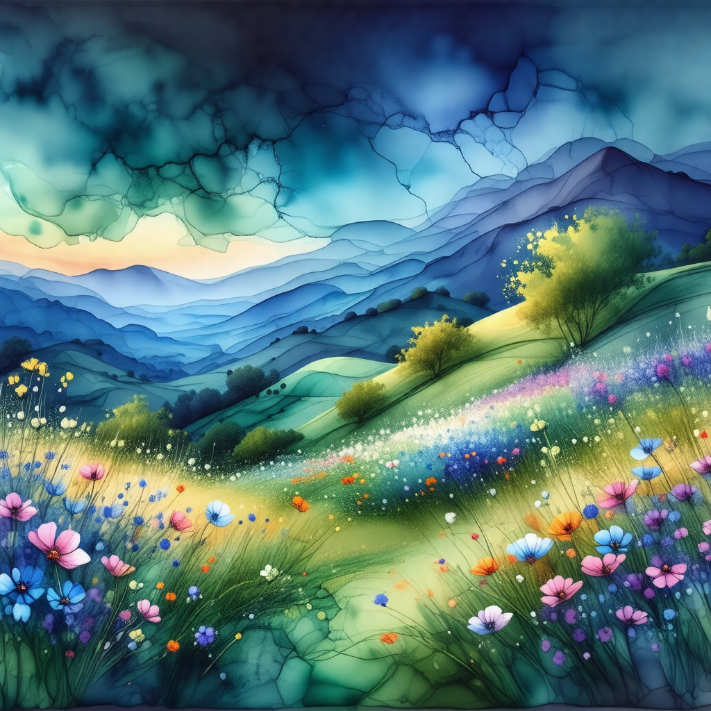 Painting of a beautiful, lush green hillside with a mount...