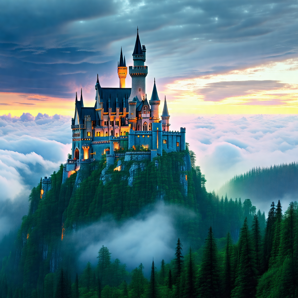 Majestic castle with a tall tower, situated on top of a l...