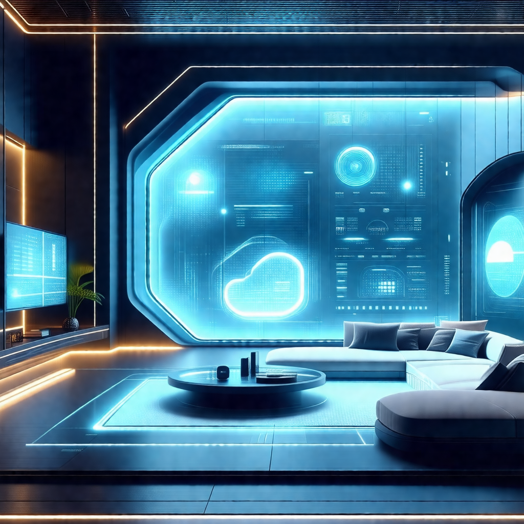 Futuristic living room with a large window that displays ...