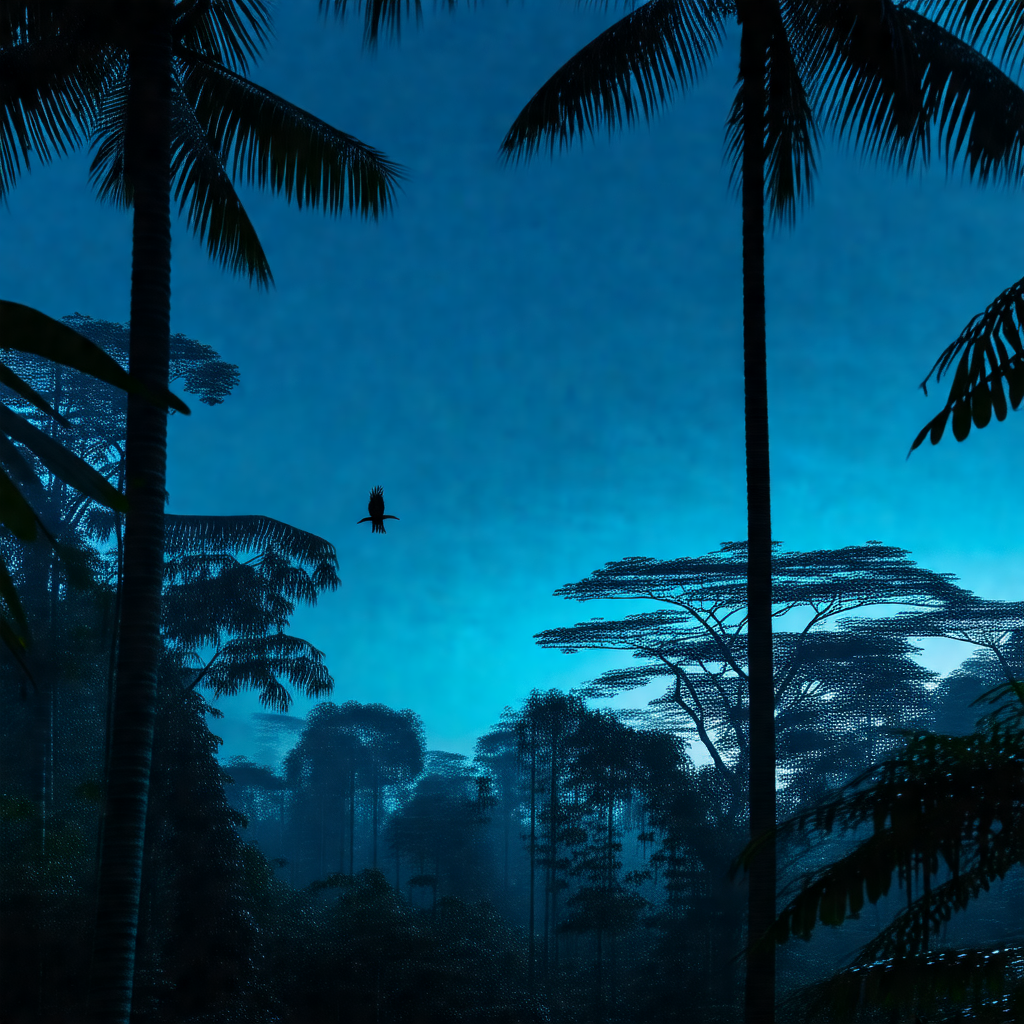 Bird flying through a dense forest at night